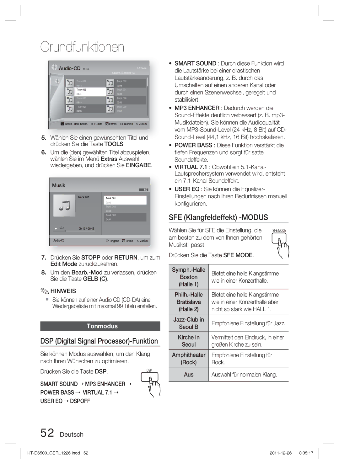 Samsung HT-D6500/XE, HT-D6500/XN, HT-D6500/EN SFE Klangfeldeffekt -MODUS, DSP Digital Signal Processor-Funktion, Tonmodus 