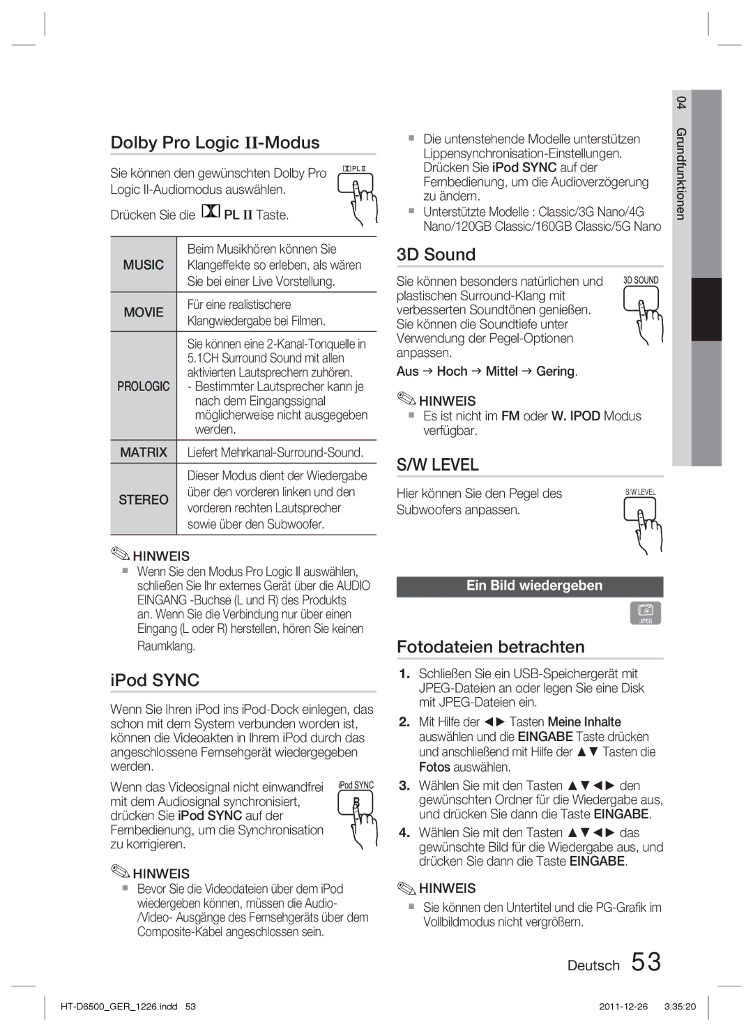 Samsung HT-D6500/XN, HT-D6500/EN, HT-D6500/XE manual Dolby Pro Logic II-Modus, Fotodateien betrachten, Ein Bild wiedergeben 