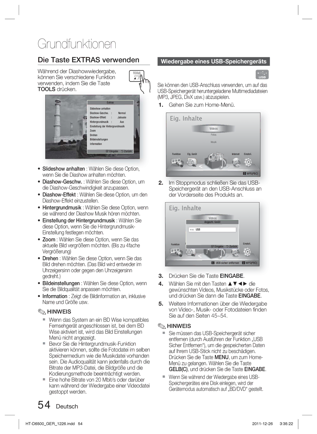 Samsung HT-D6500/EN, HT-D6500/XN Die Taste Extras verwenden, Wiedergabe eines USB-Speichergeräts, Gehen Sie zum Home-Menü 