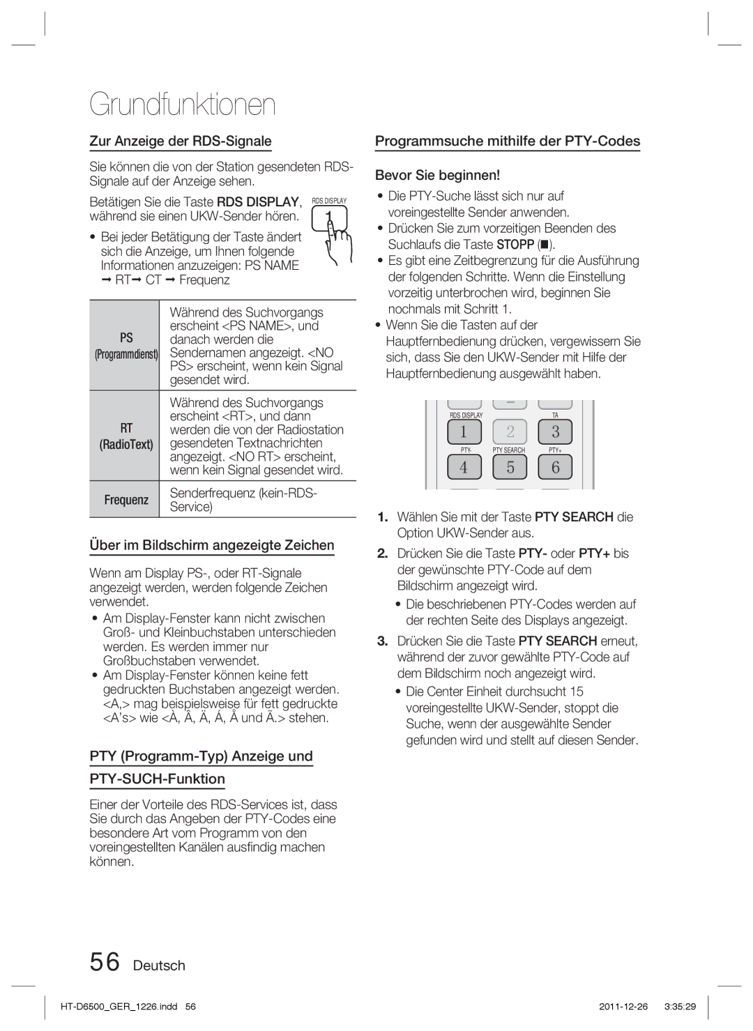 Samsung HT-D6500/XN, HT-D6500/EN, HT-D6500/XE Zur Anzeige der RDS-Signale, Über im Bildschirm angezeigte Zeichen, Rt Ct 