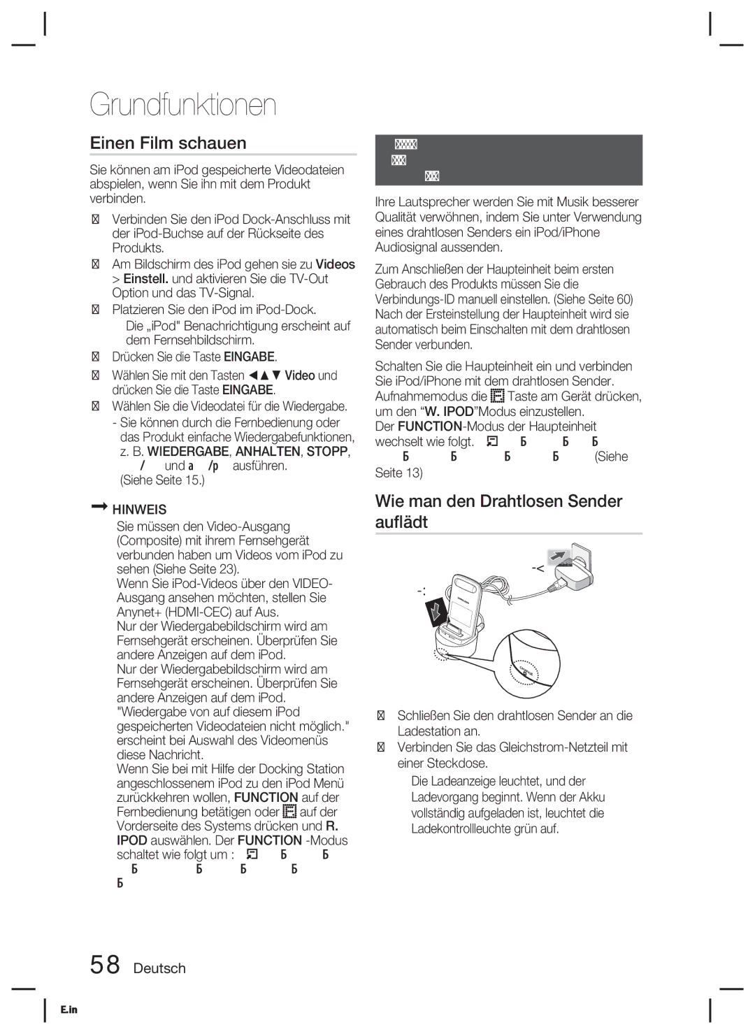 Samsung HT-D6500/XE Einen Film schauen, Wie man den Drahtlosen Sender auﬂädt, AUX R. Ipod W. Ipod H. IN1 H. IN2, Aux R 