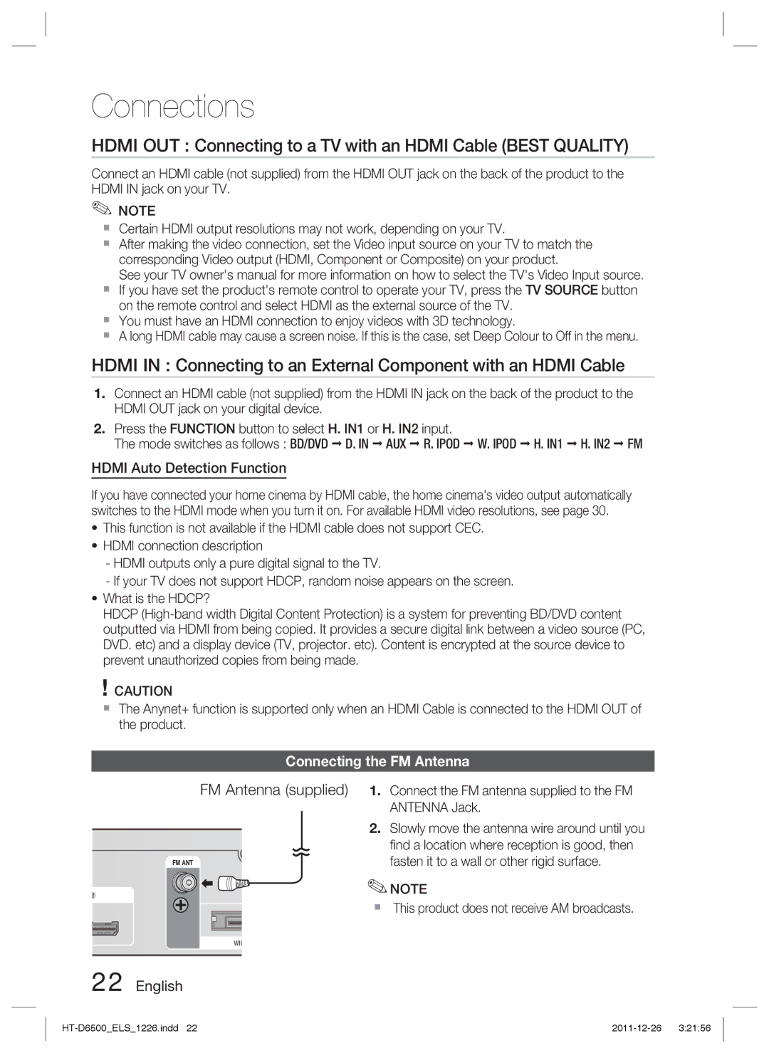 Samsung HT-D6500/EN, HT-D6500/XN manual Hdmi OUT Connecting to a TV with an Hdmi Cable Best Quality, FM Antenna supplied 