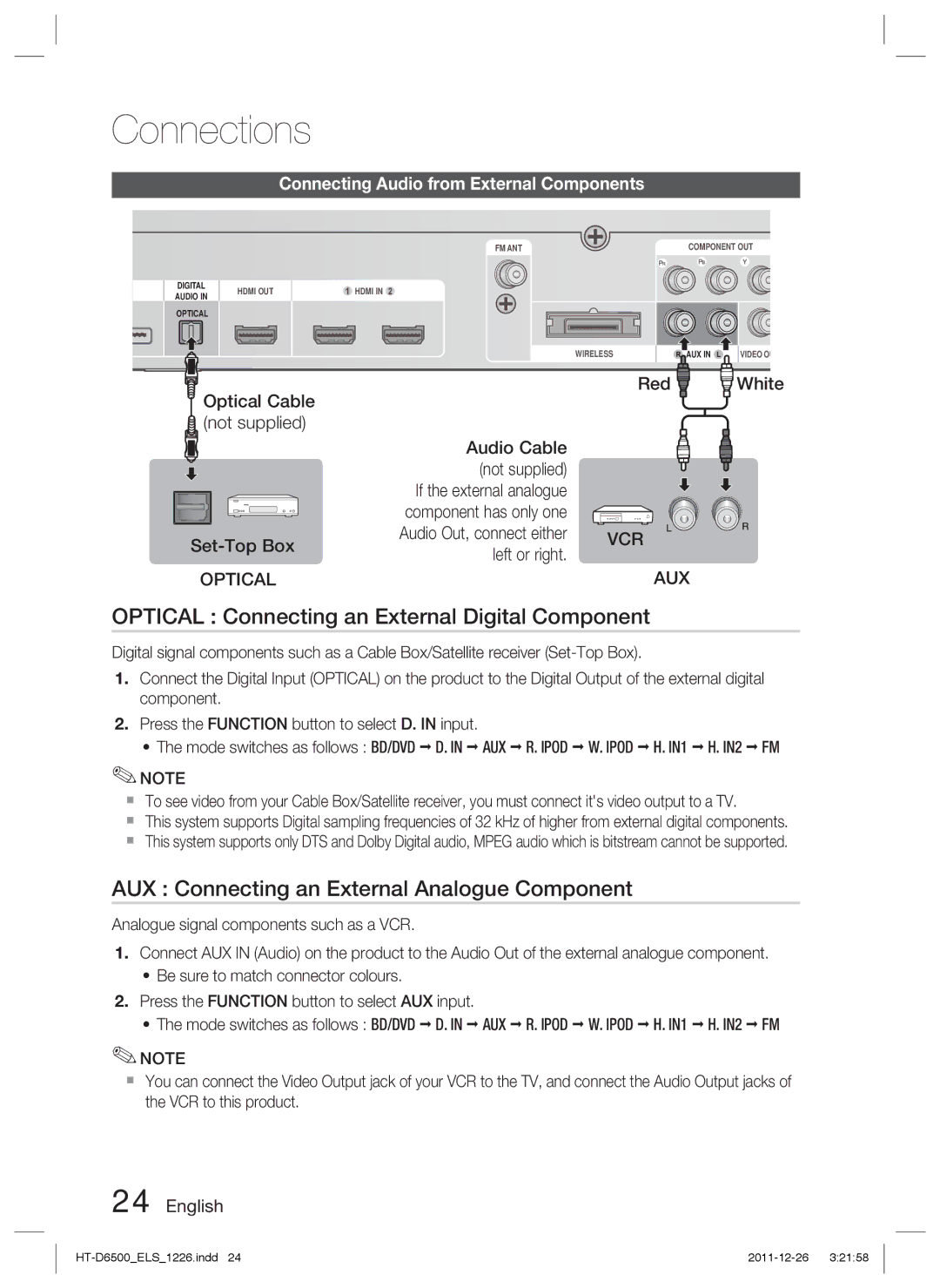 Samsung HT-D6500/XN manual Optical Connecting an External Digital Component, AUX Connecting an External Analogue Component 