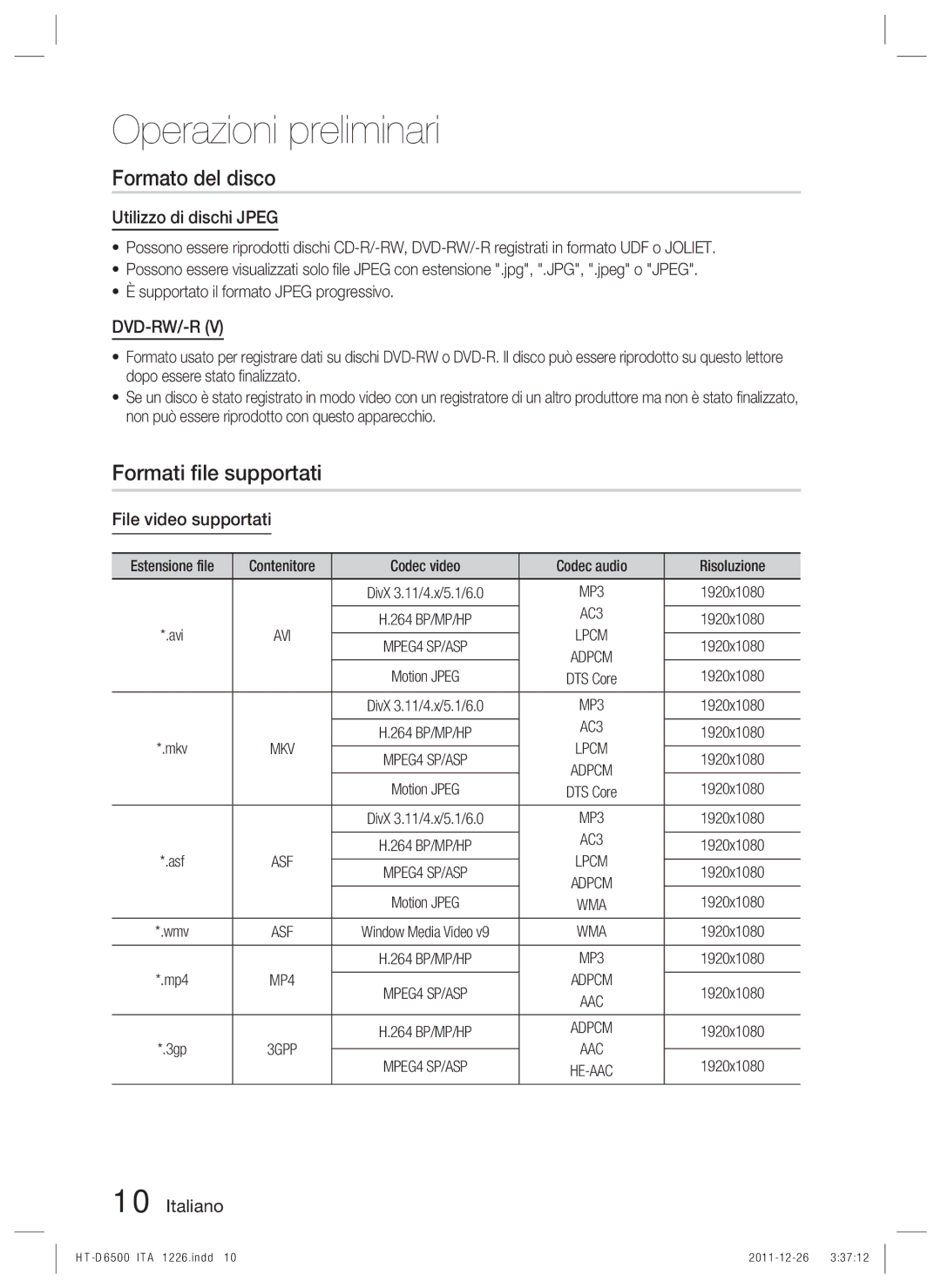 Samsung HT-D6500/EN, HT-D6500/XN Formato del disco, Formati ﬁle supportati, Utilizzo di dischi Jpeg, File video supportati 
