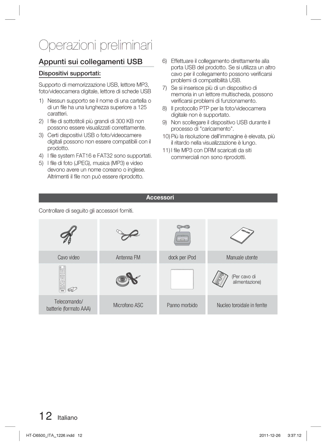 Samsung HT-D6500/XN manual Appunti sui collegamenti USB, Dispositivi supportati, Accessori, Nucleo toroidale in ferrite 