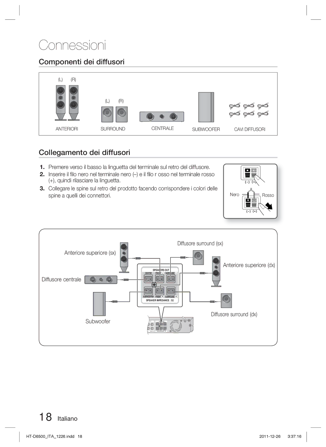 Samsung HT-D6500/XN, HT-D6500/EN manual Componenti dei diffusori, Collegamento dei diffusori, Diffusore centrale, Nero 