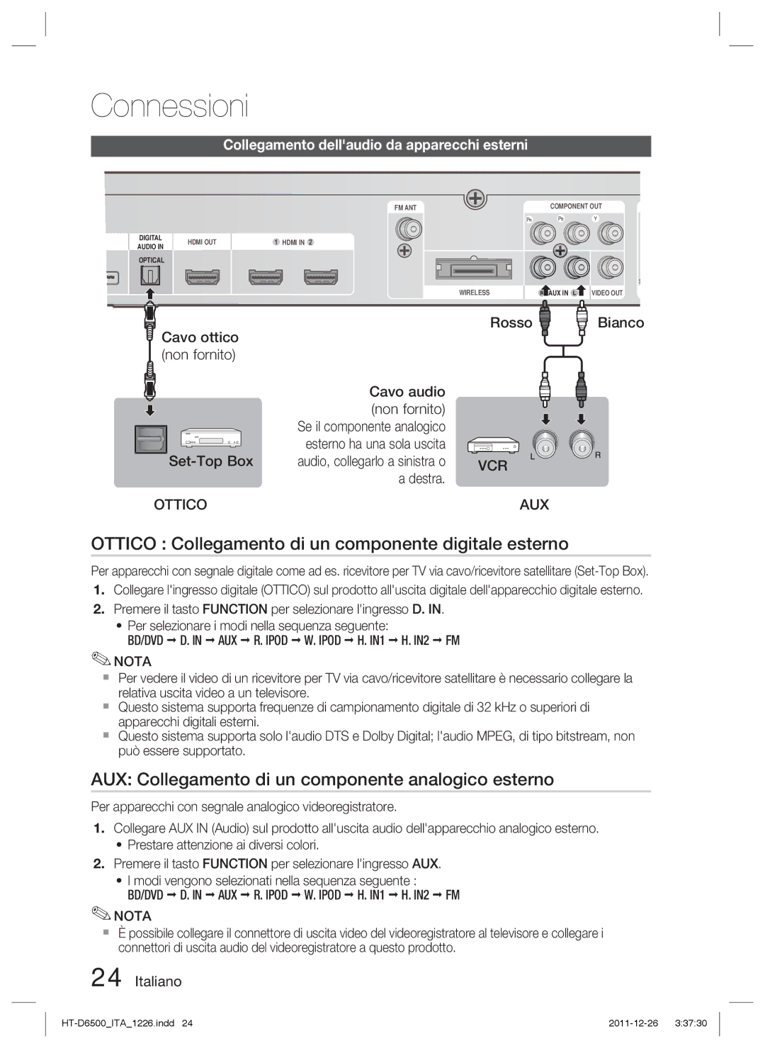 Samsung HT-D6500/XN Ottico Collegamento di un componente digitale esterno, Collegamento dellaudio da apparecchi esterni 