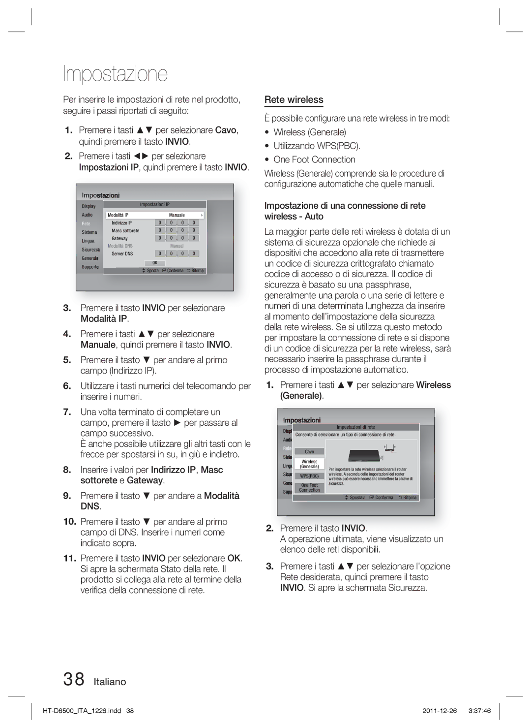 Samsung HT-D6500/XE, HT-D6500/XN, HT-D6500/EN manual Rete wireless, Impostazione di una connessione di rete wireless Auto 