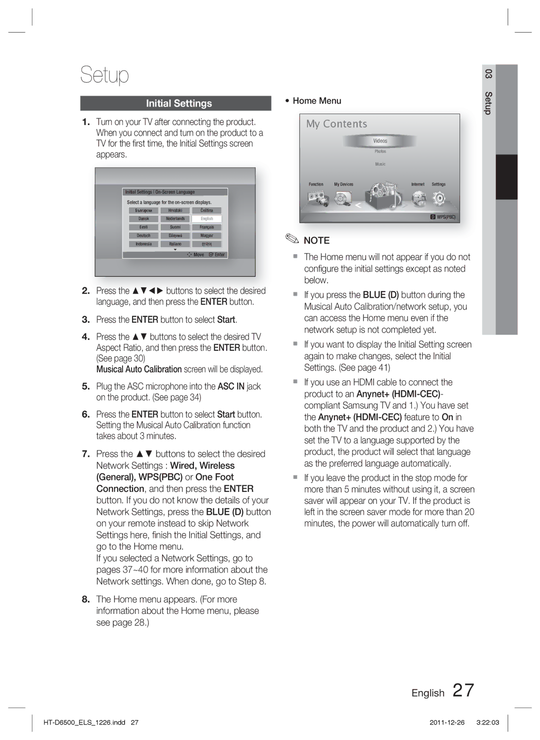 Samsung HT-D6500/XN, HT-D6500/EN, HT-D6500/XE manual Setup, My Contents 