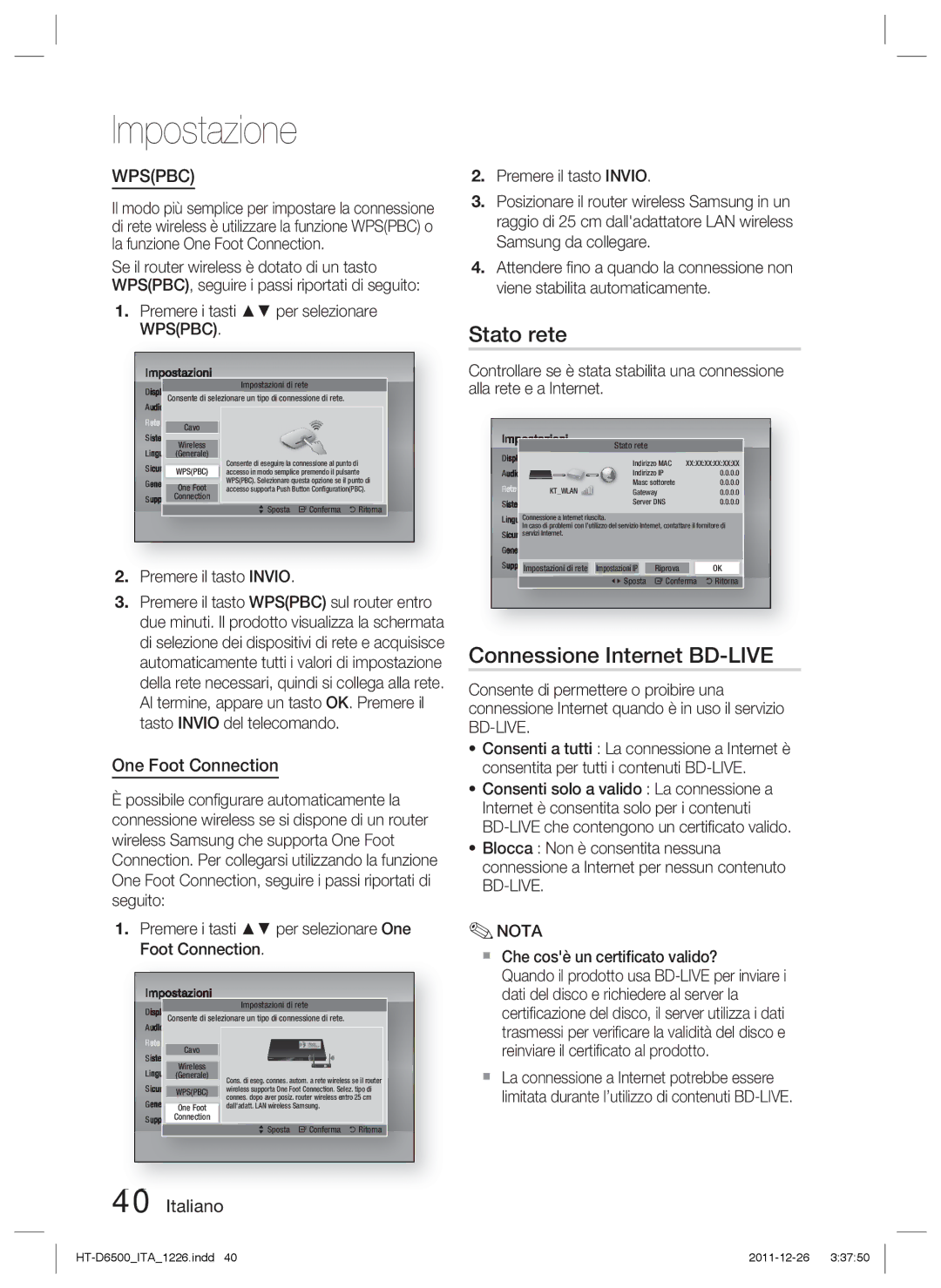 Samsung HT-D6500/EN, HT-D6500/XN, HT-D6500/XE manual Stato rete, Connessione Internet BD-LIVE 