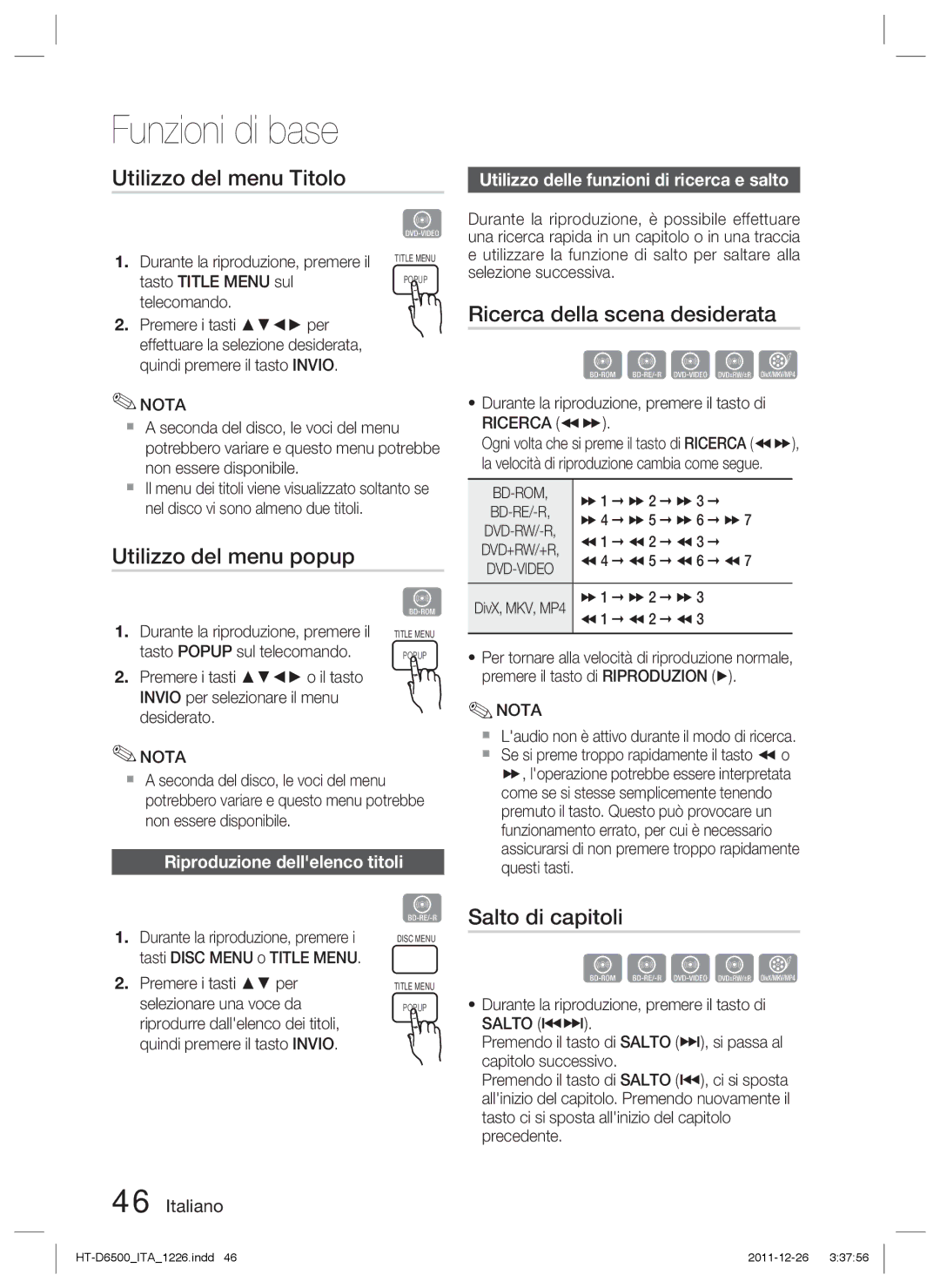 Samsung HT-D6500/EN Utilizzo del menu Titolo, Ricerca della scena desiderata, Utilizzo del menu popup, Salto di capitoli 