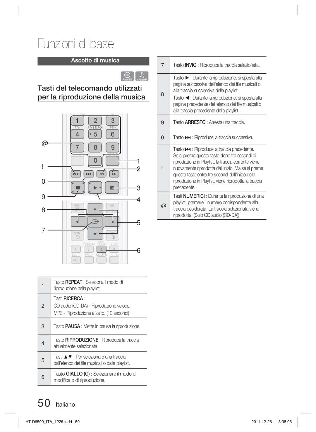 Samsung HT-D6500/XE, HT-D6500/XN manual Ascolto di musica, Tasti Ricerca, Tasto Invio Riproduce la traccia selezionata 