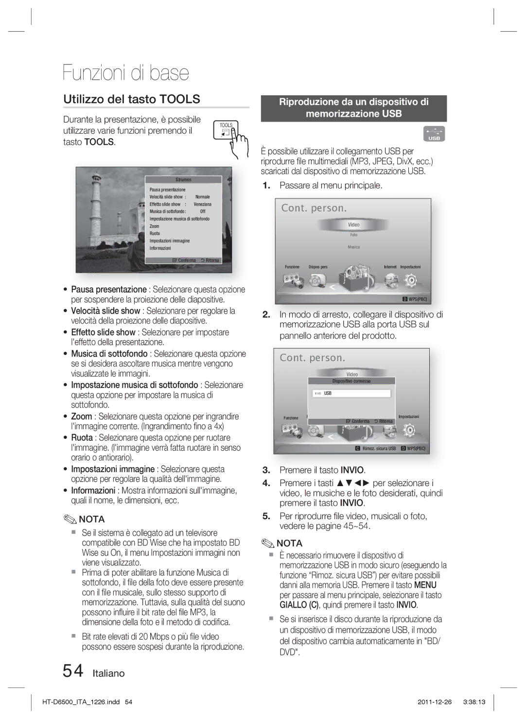 Samsung HT-D6500/XN, HT-D6500/EN manual Utilizzo del tasto Tools, Riproduzione da un dispositivo di Memorizzazione USB 