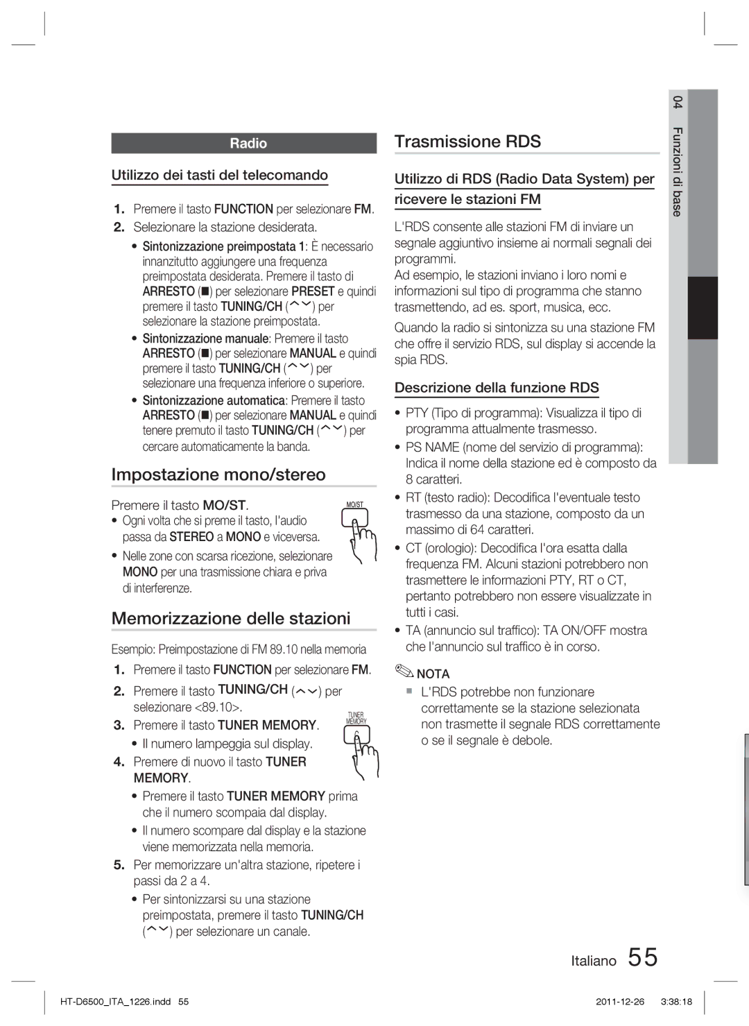 Samsung HT-D6500/EN, HT-D6500/XN manual Impostazione mono/stereo, Memorizzazione delle stazioni, Trasmissione RDS, Radio 