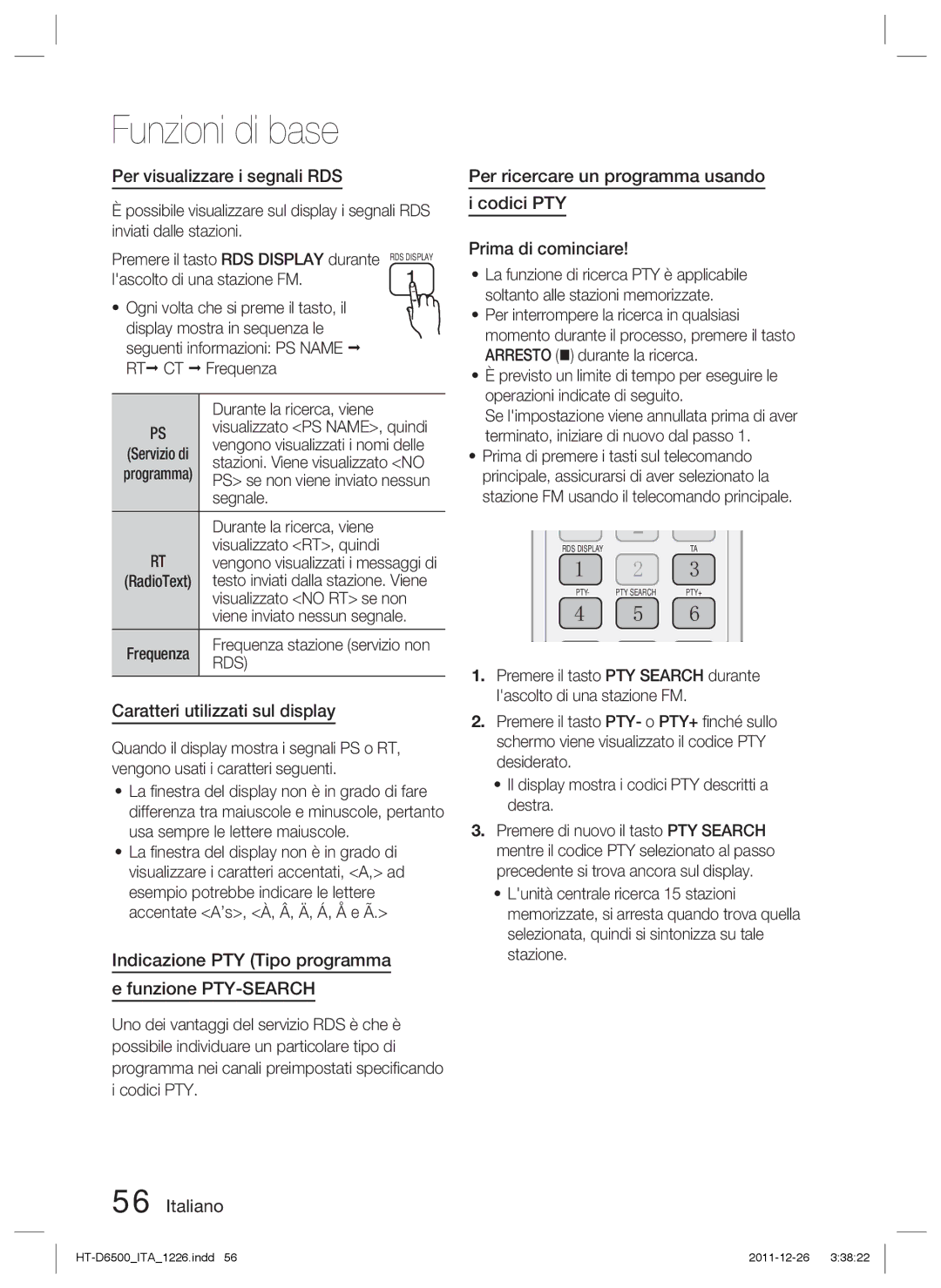 Samsung HT-D6500/XE, HT-D6500/XN, HT-D6500/EN manual Per visualizzare i segnali RDS, Caratteri utilizzati sul display, Rds 