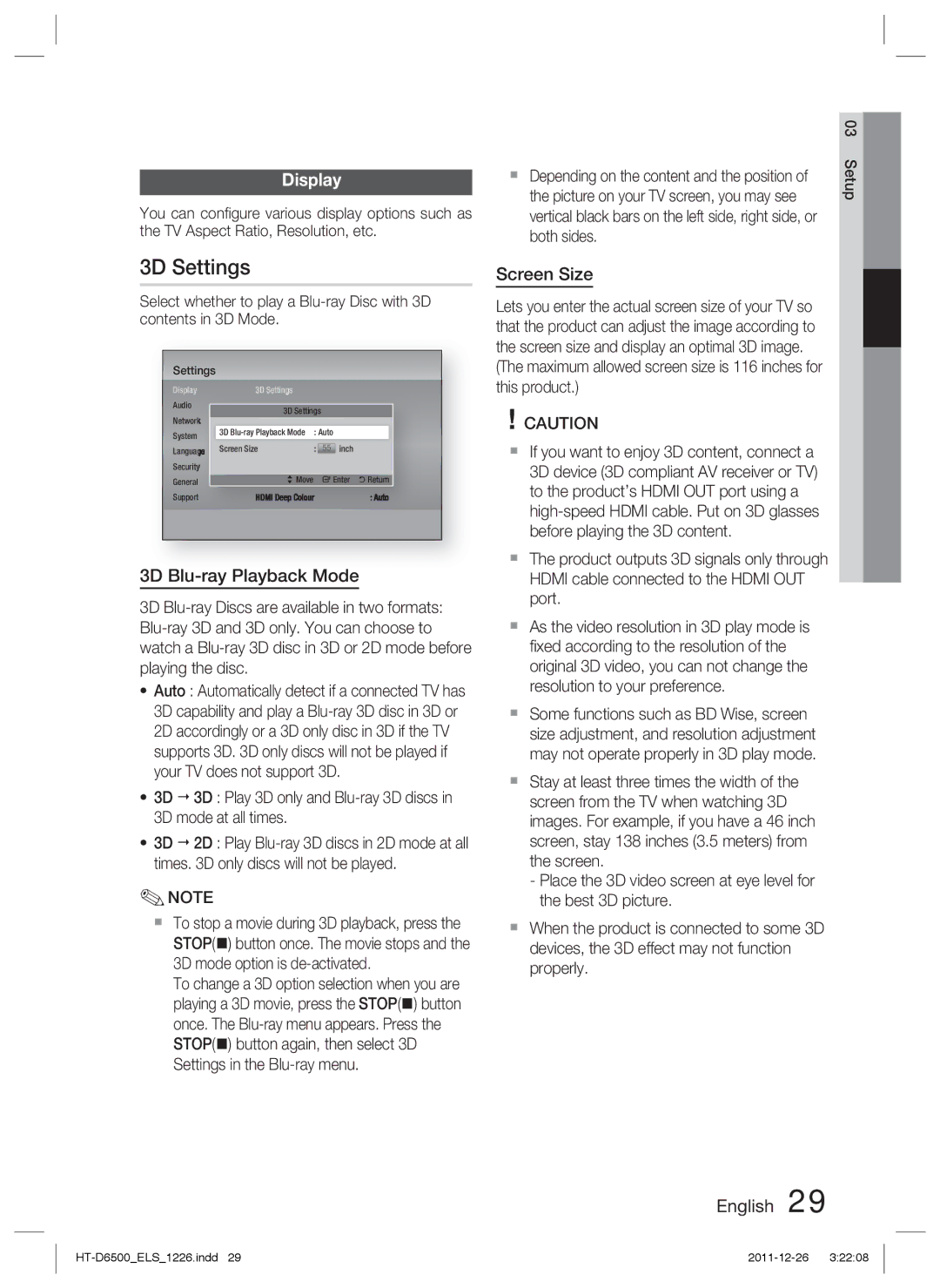 Samsung HT-D6500/XE, HT-D6500/XN, HT-D6500/EN manual 3D Settings, Display, 3D Blu-ray Playback Mode, Screen Size, Setup 