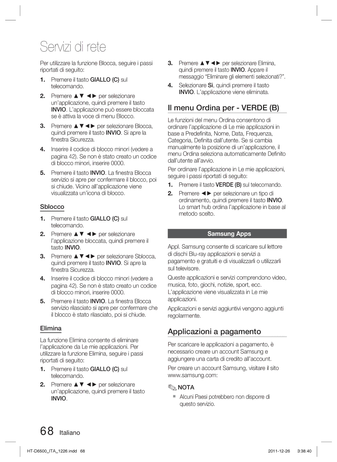 Samsung HT-D6500/XE, HT-D6500/XN, HT-D6500/EN manual Il menu Ordina per Verde B, Applicazioni a pagamento, Sblocco, Elimina 