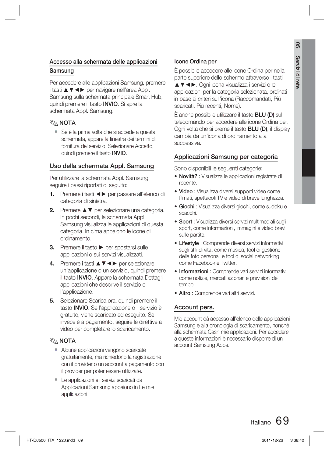 Samsung HT-D6500/XN Accesso alla schermata delle applicazioni Samsung, Uso della schermata Appl. Samsung, Account pers 