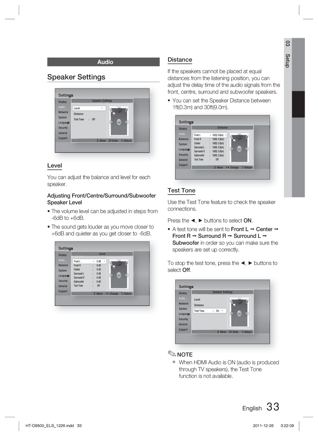 Samsung HT-D6500/XN, HT-D6500/EN, HT-D6500/XE manual Speaker Settings, Audio, Level, Test Tone, Distance 