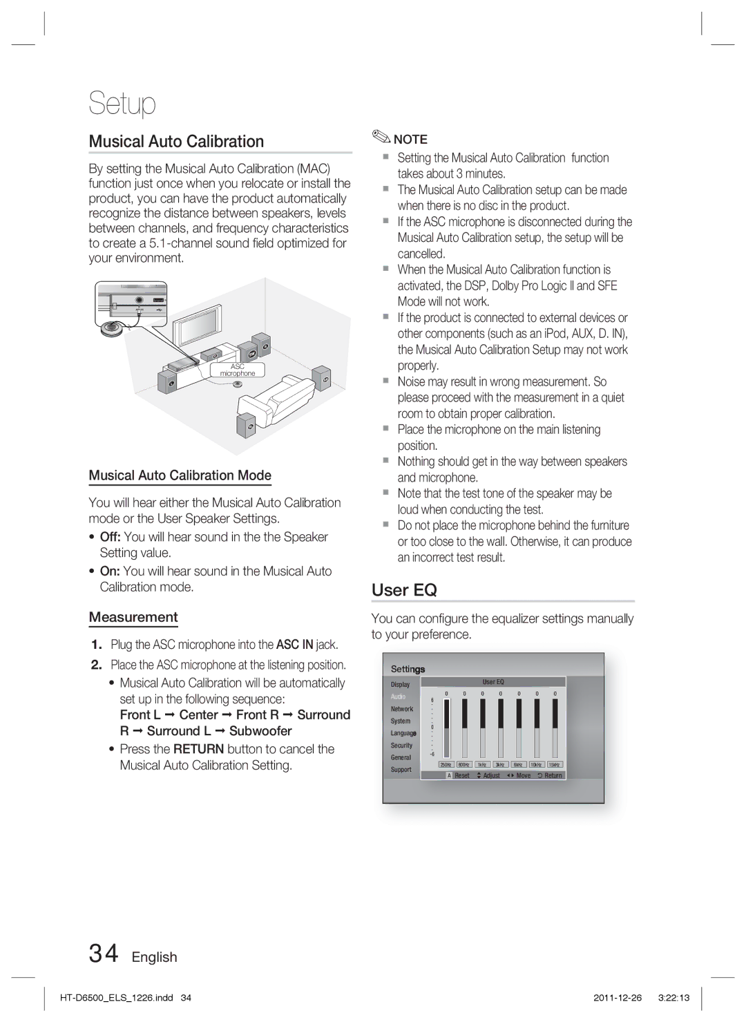 Samsung HT-D6500/EN User EQ, Musical Auto Calibration Mode, Measurement, Plug the ASC microphone into the ASC in jack 