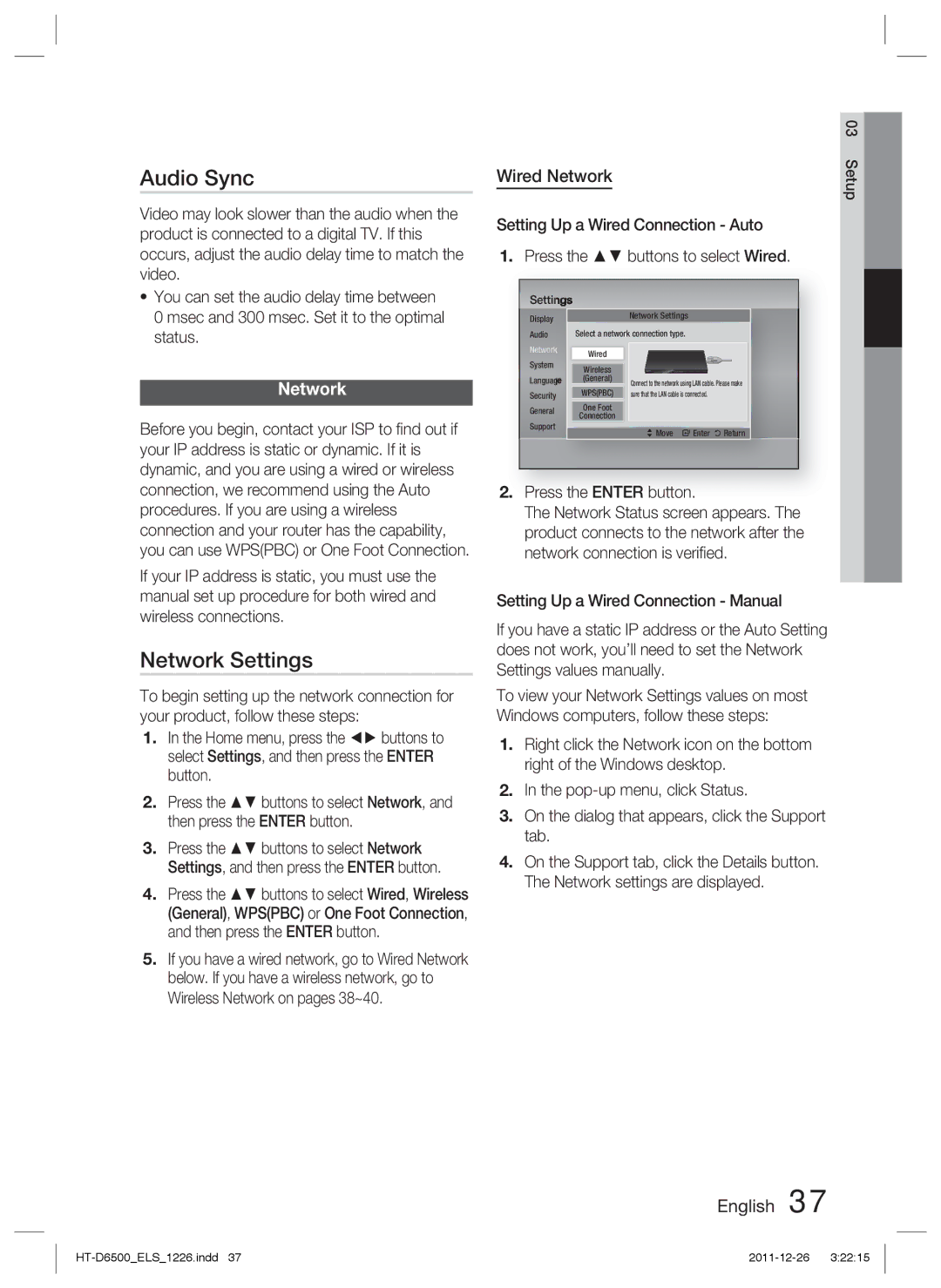 Samsung HT-D6500/EN, HT-D6500/XN, HT-D6500/XE manual Audio Sync, Network Settings, Wired Network, Press the Enter button 