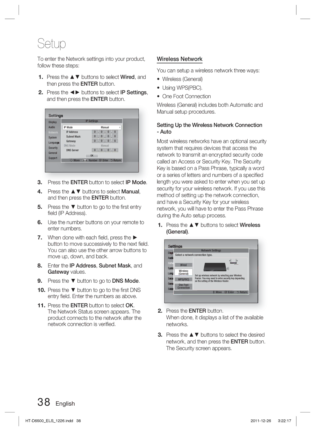 Samsung HT-D6500/XE, HT-D6500/XN, HT-D6500/EN manual Wireless Network 