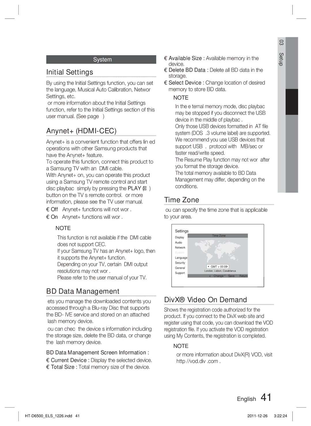 Samsung HT-D6500/XE, HT-D6500/XN Initial Settings, Anynet+ HDMI-CEC, BD Data Management, Time Zone, DivX Video On Demand 