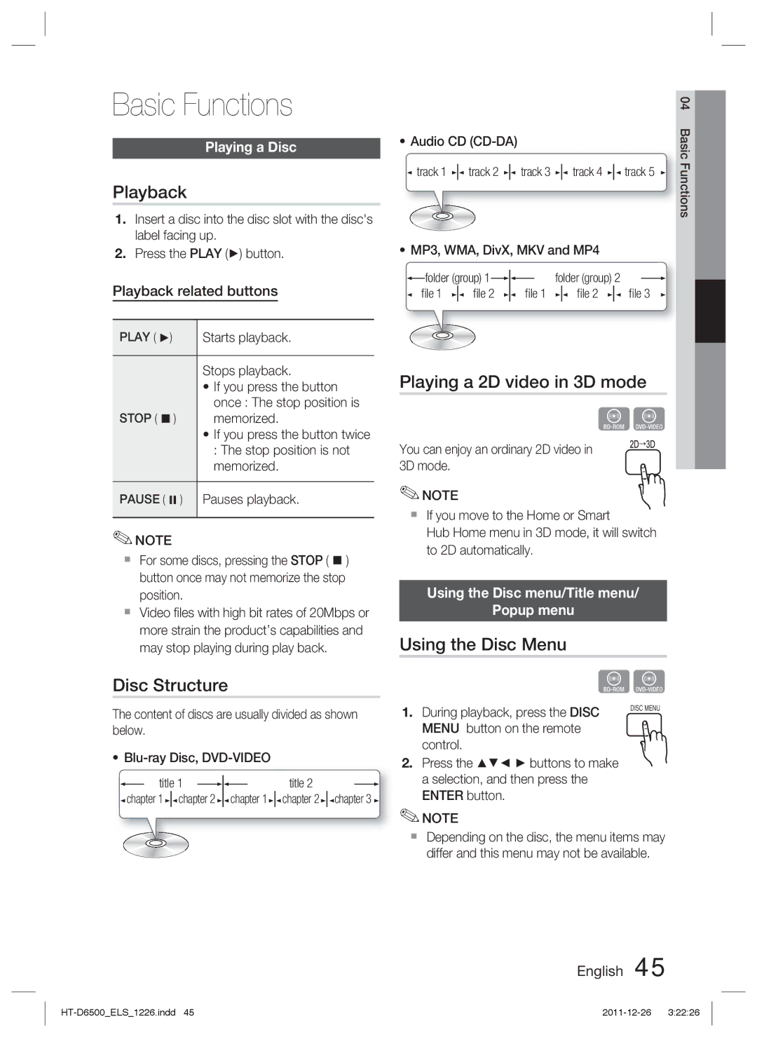 Samsung HT-D6500/XN manual Basic Functions, Playback, Disc Structure, Playing a 2D video in 3D mode, Using the Disc Menu 