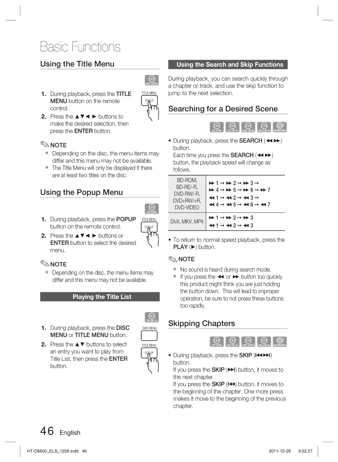 Samsung HT-D6500/EN manual Using the Title Menu, Searching for a Desired Scene, Using the Popup Menu, Skipping Chapters 