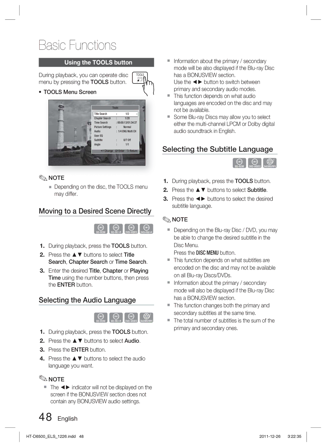 Samsung HT-D6500/XN Moving to a Desired Scene Directly, Selecting the Audio Language, Selecting the Subtitle Language 