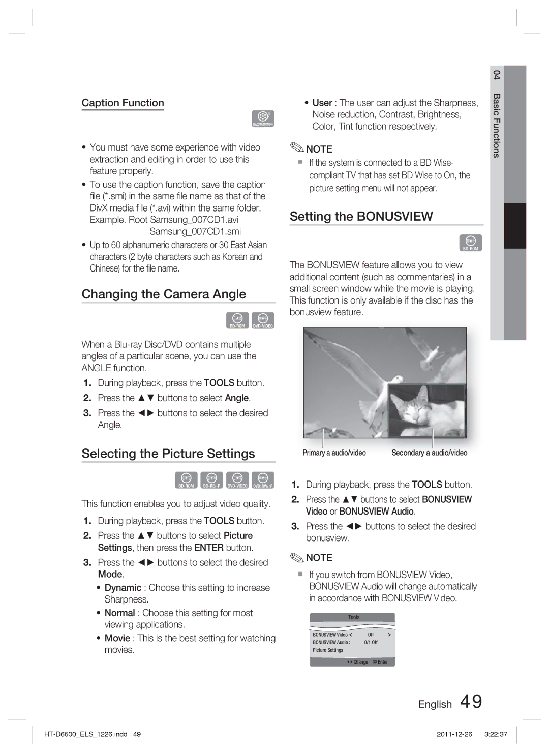 Samsung HT-D6500/EN Changing the Camera Angle, Selecting the Picture Settings, Setting the Bonusview, Caption Function 