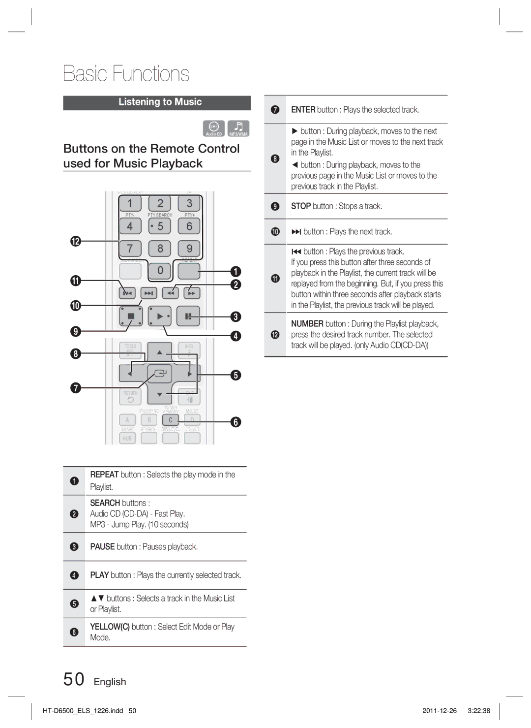 Samsung HT-D6500/XE, HT-D6500/XN, HT-D6500/EN Buttons on the Remote Control used for Music Playback, Listening to Music 