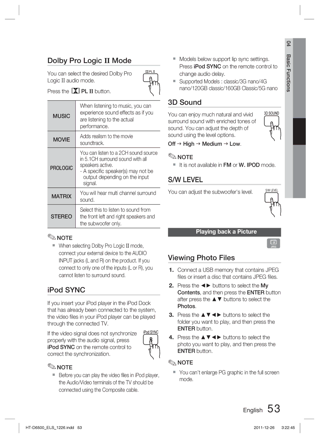 Samsung HT-D6500/XE, HT-D6500/XN Dolby Pro Logic II Mode, IPod Sync, 3D Sound, Viewing Photo Files, Playing back a Picture 