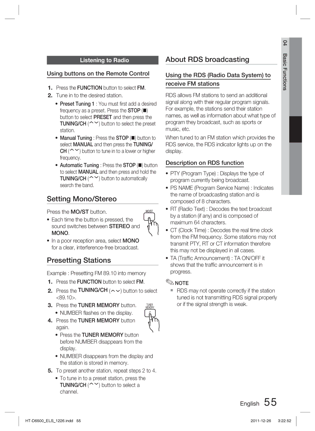 Samsung HT-D6500/EN, HT-D6500/XN manual Setting Mono/Stereo, Presetting Stations, About RDS broadcasting, Listening to Radio 