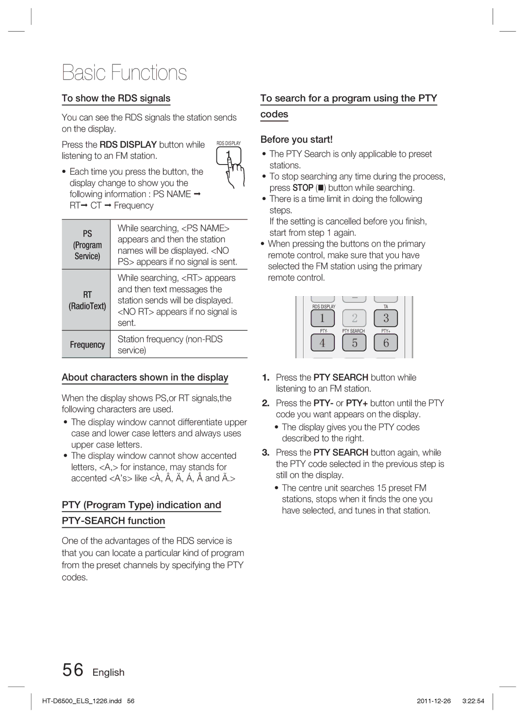 Samsung HT-D6500/XE, HT-D6500/XN, HT-D6500/EN manual To show the RDS signals, About characters shown in the display 