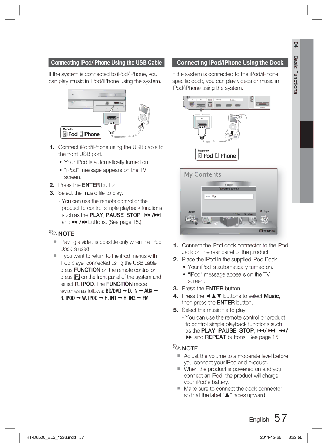 Samsung HT-D6500/XN, HT-D6500/EN, HT-D6500/XE manual Connecting iPod/iPhone Using the Dock, Aux, Ipod Ipod H. IN1 