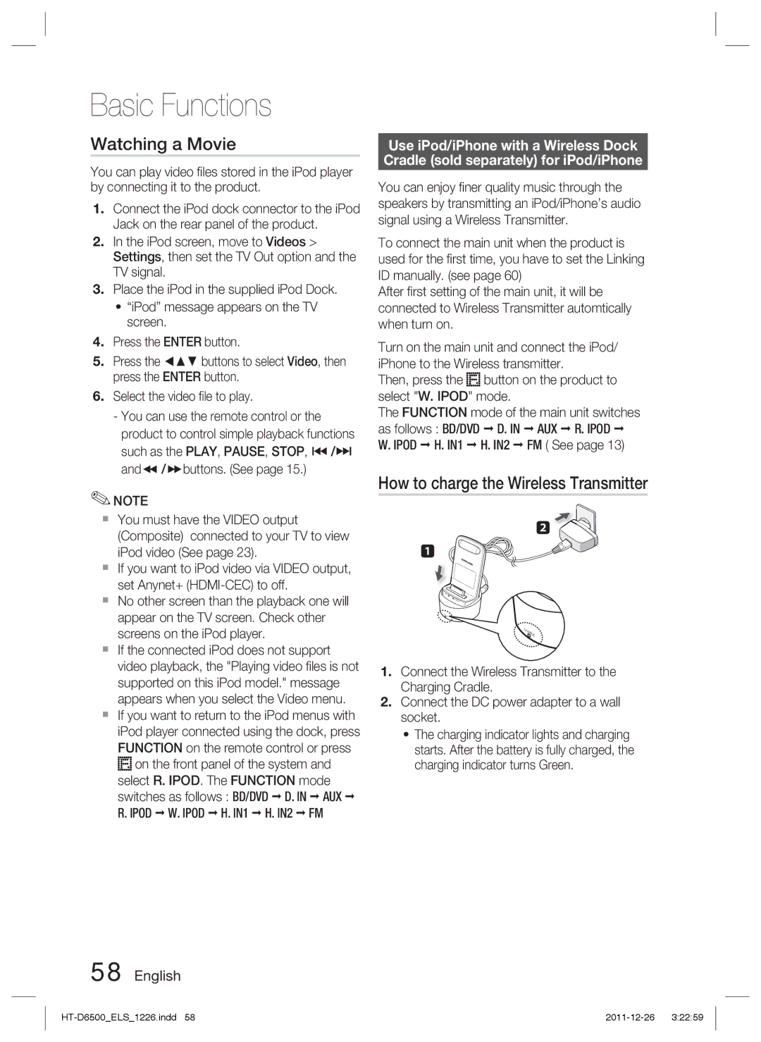 Samsung HT-D6500/EN Watching a Movie, How to charge the Wireless Transmitter, Ipod W. Ipod H. IN1 H. IN2, AUX R. Ipod 