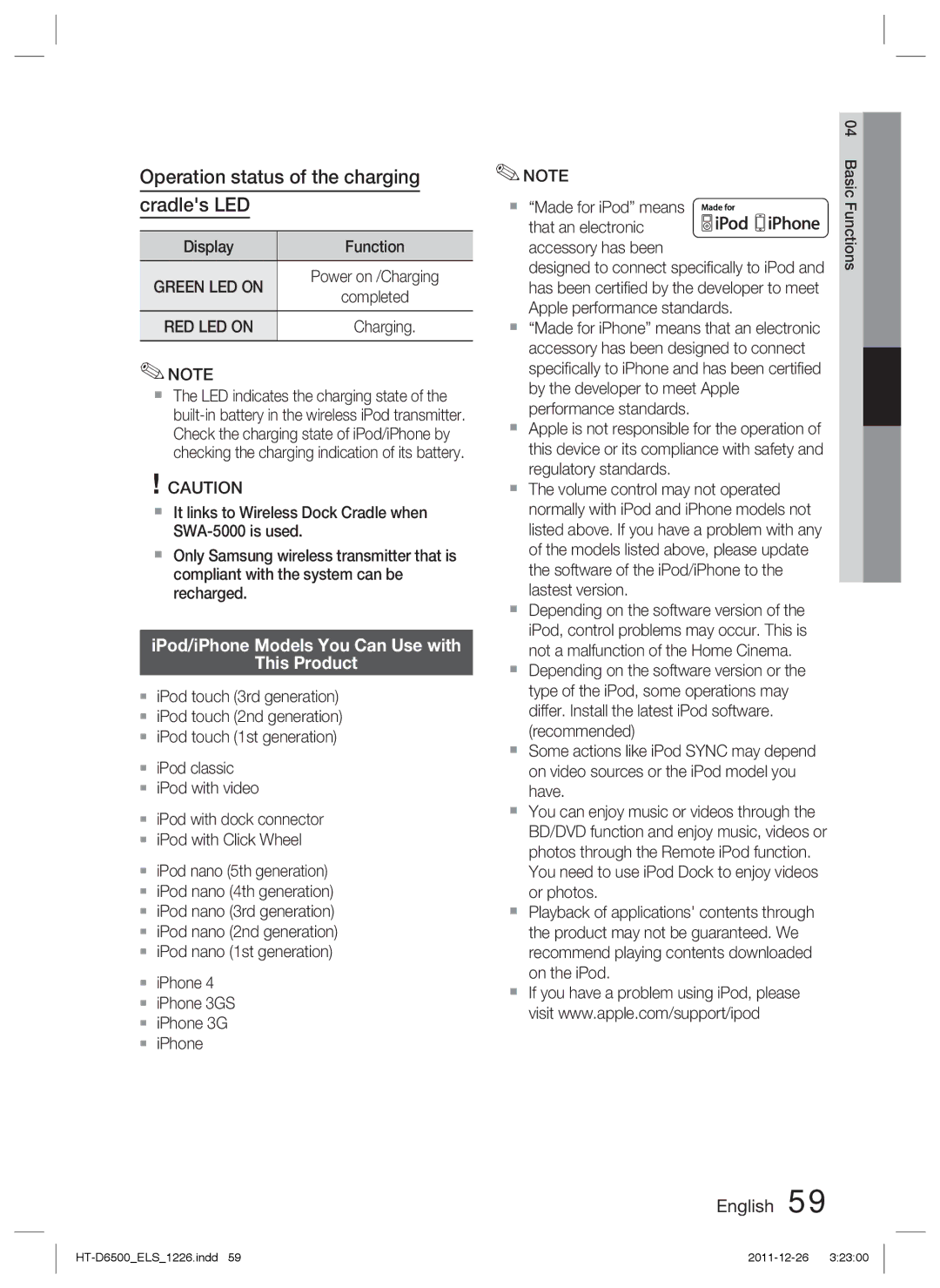 Samsung HT-D6500/XE manual Operation status of the charging Cradles LED, IPod/iPhone Models You Can Use with This Product 