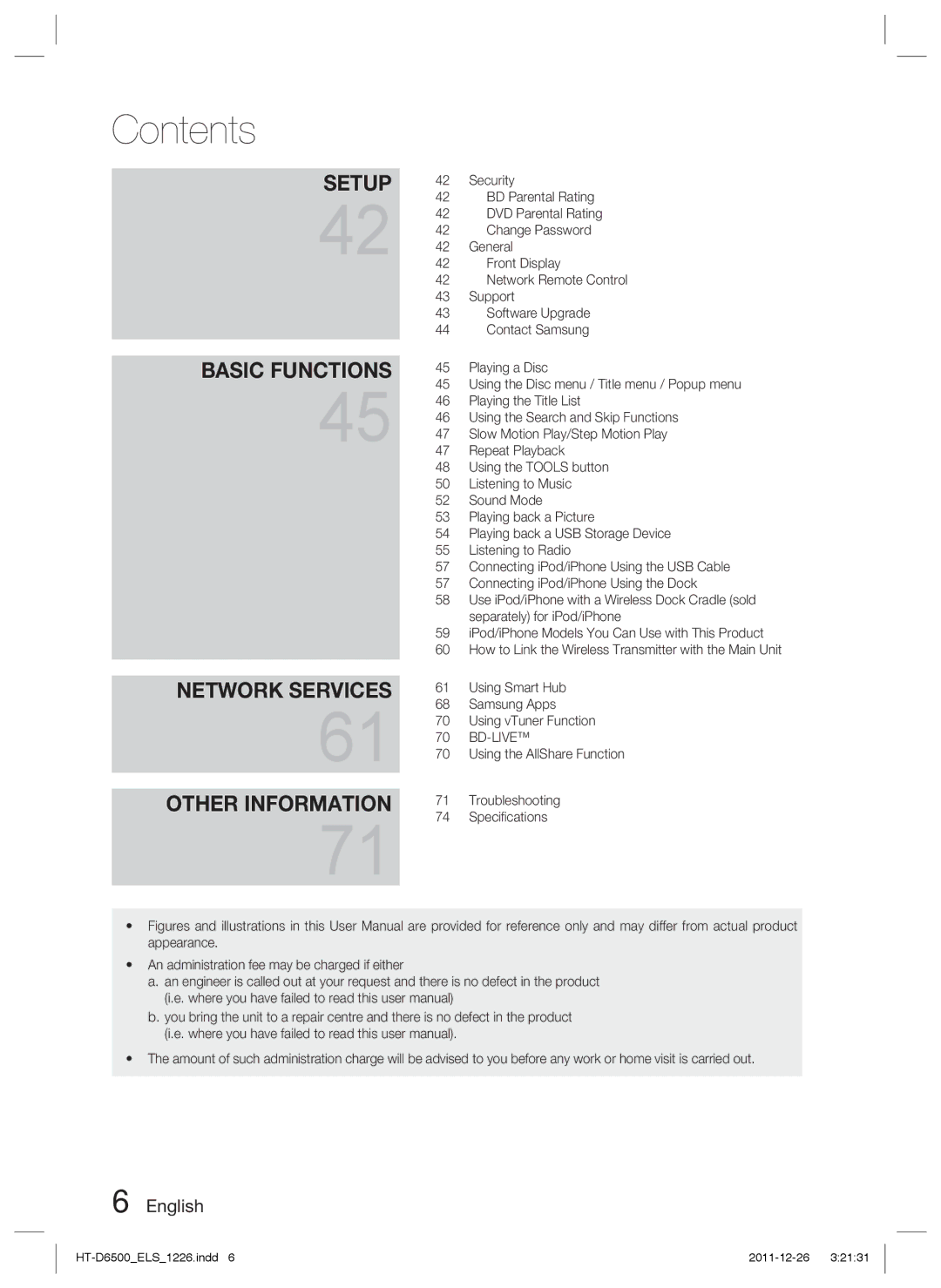 Samsung HT-D6500/XN Security, BD Parental Rating, DVD Parental Rating, Change Password, General, Front Display, Support 