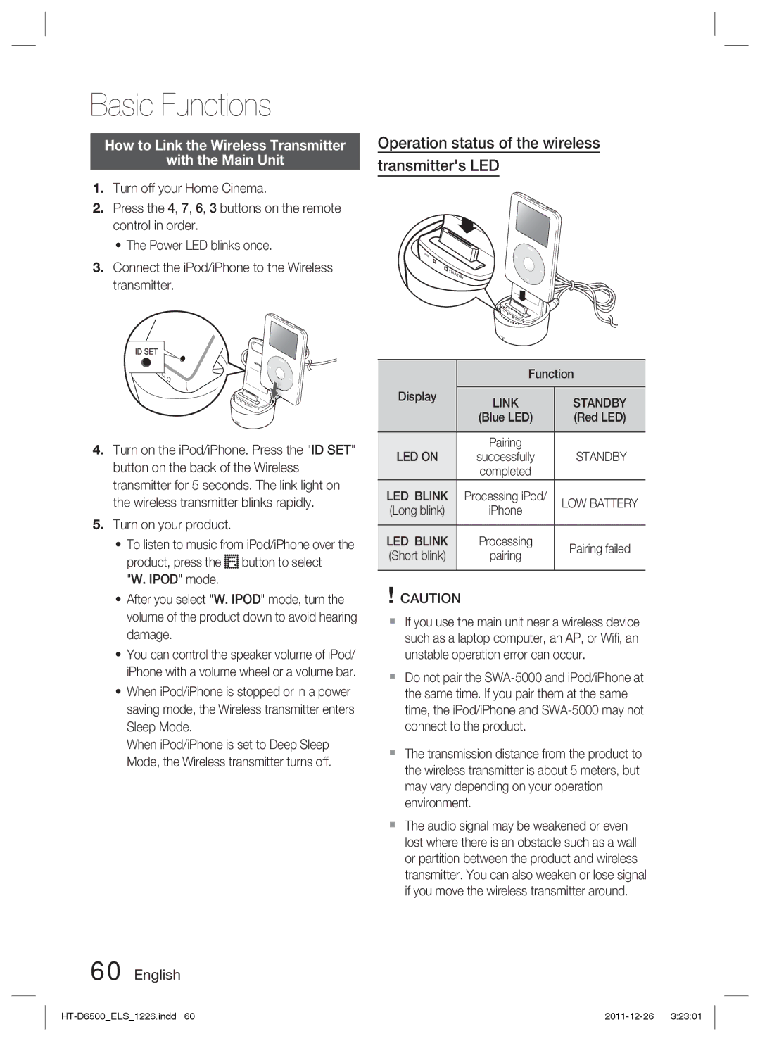 Samsung HT-D6500/XN, HT-D6500/EN, HT-D6500/XE manual Operation status of the wireless transmitters LED, LED Blink 