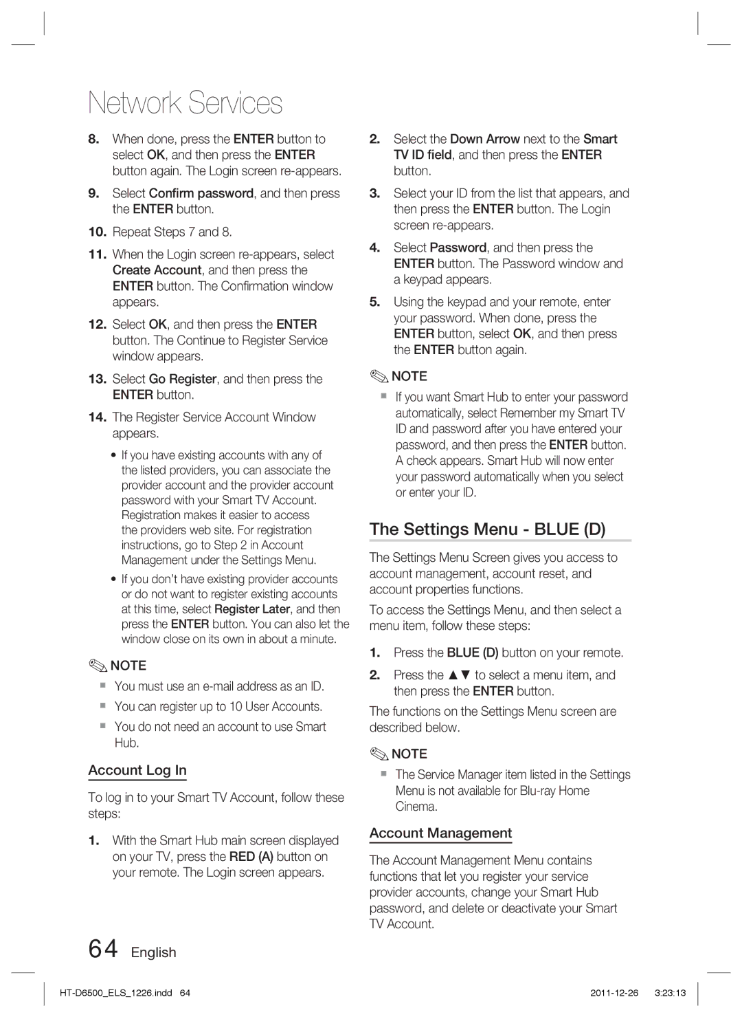 Samsung HT-D6500/EN, HT-D6500/XN, HT-D6500/XE manual Settings Menu Blue D, Account Log, Account Management 