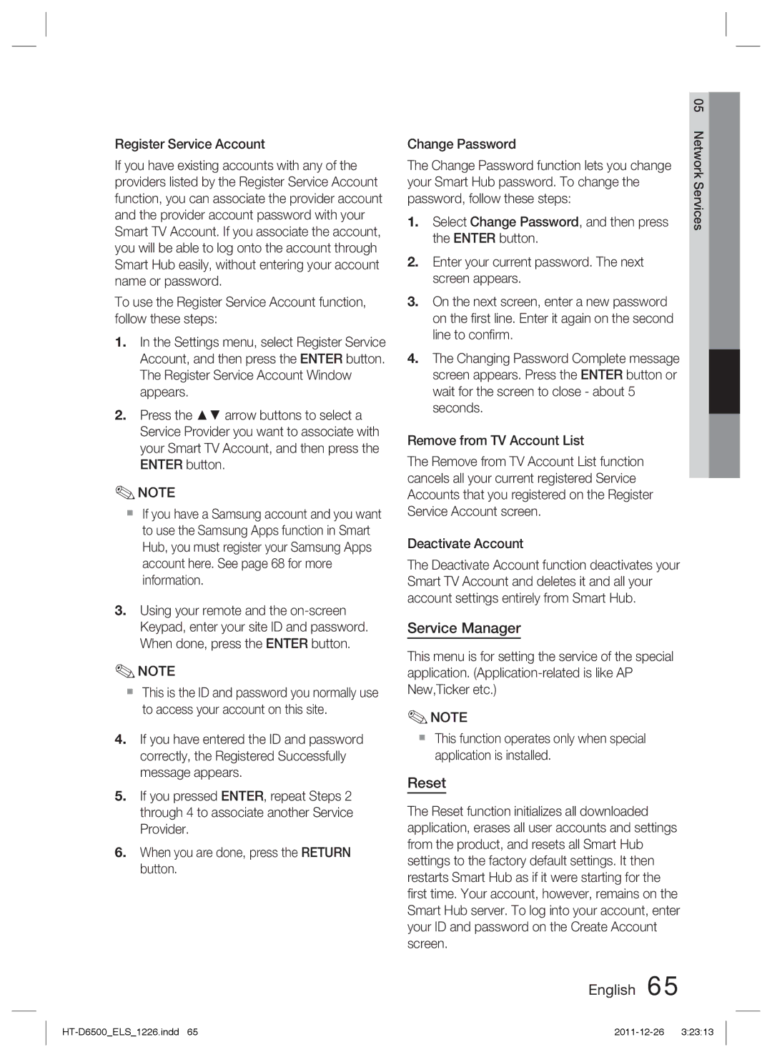 Samsung HT-D6500/XE, HT-D6500/XN, HT-D6500/EN manual Service Manager, Reset, Register Service Account 
