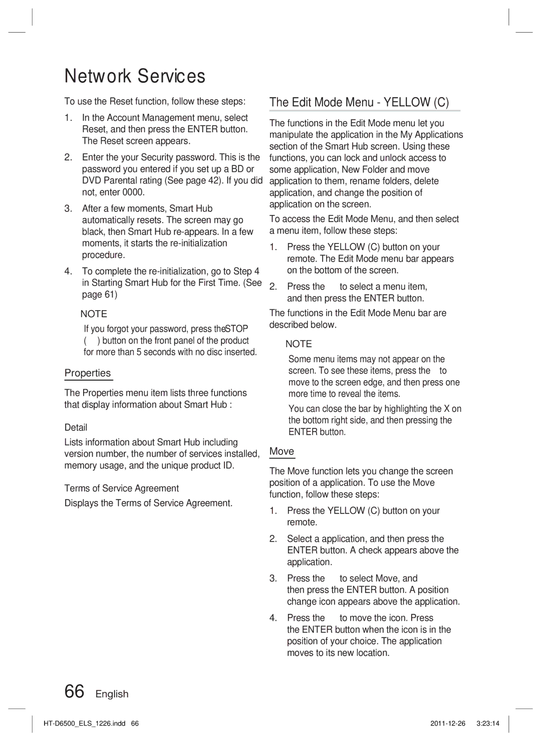 Samsung HT-D6500/XN, HT-D6500/EN, HT-D6500/XE manual Edit Mode Menu Yellow C, Properties, Move, Detail 