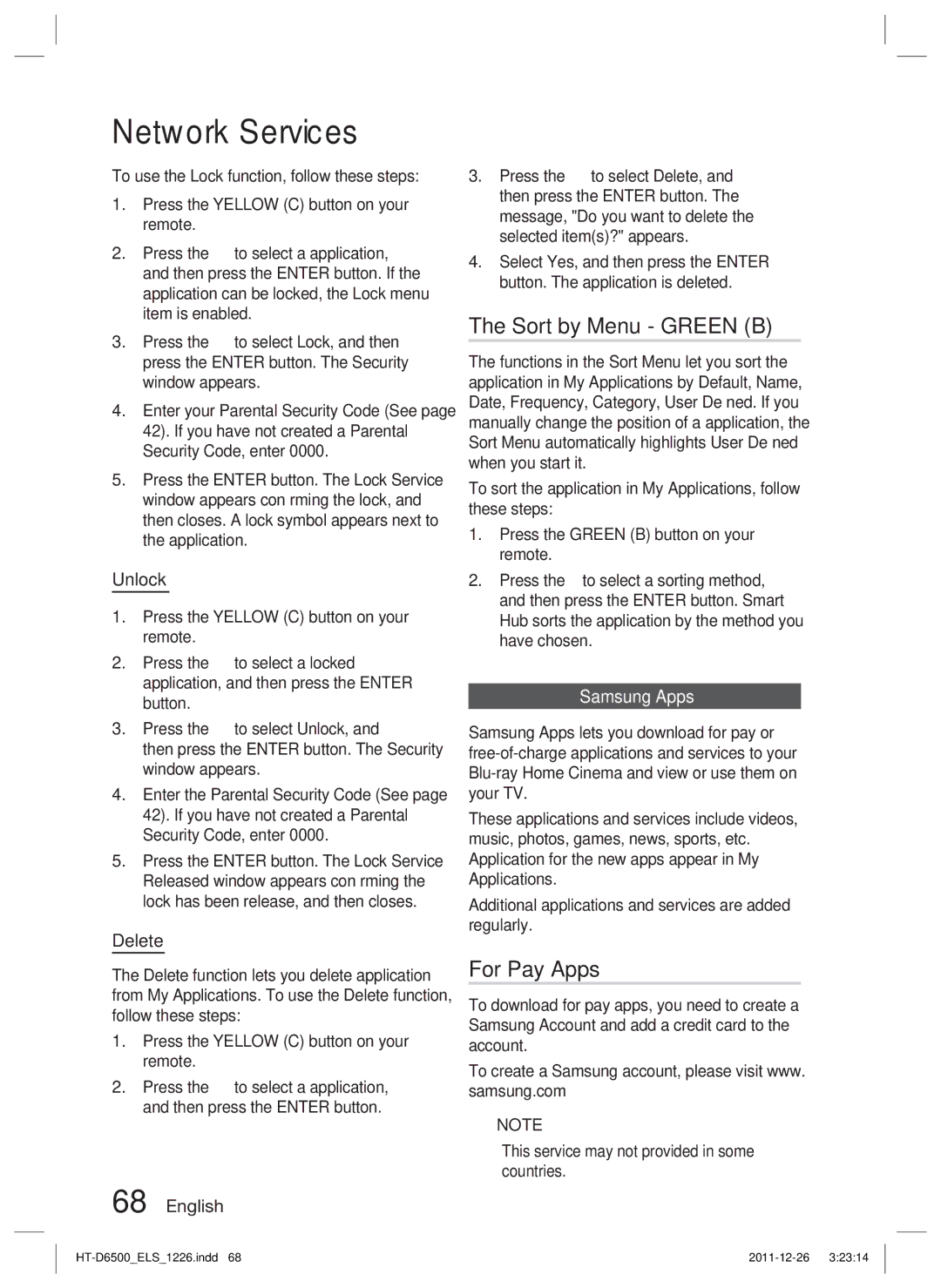 Samsung HT-D6500/XE, HT-D6500/XN, HT-D6500/EN manual Sort by Menu Green B, For Pay Apps, Unlock, Delete, Samsung Apps 