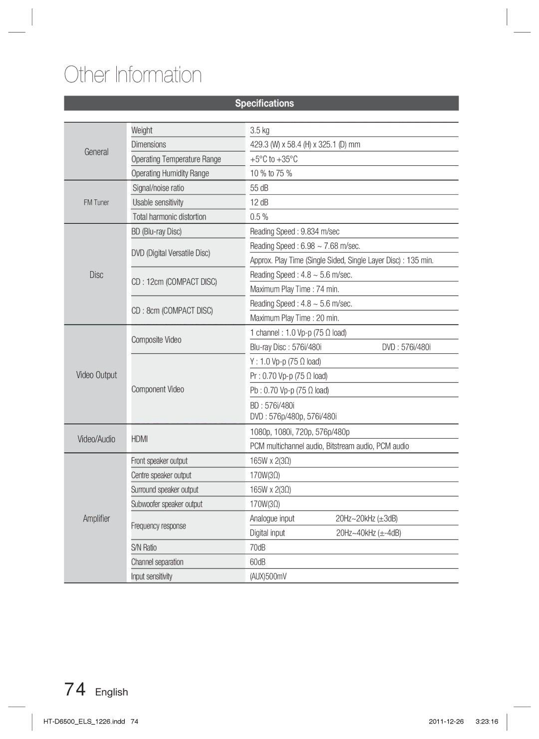 Samsung HT-D6500/XE, HT-D6500/XN, HT-D6500/EN manual Speciﬁcations, Hdmi 