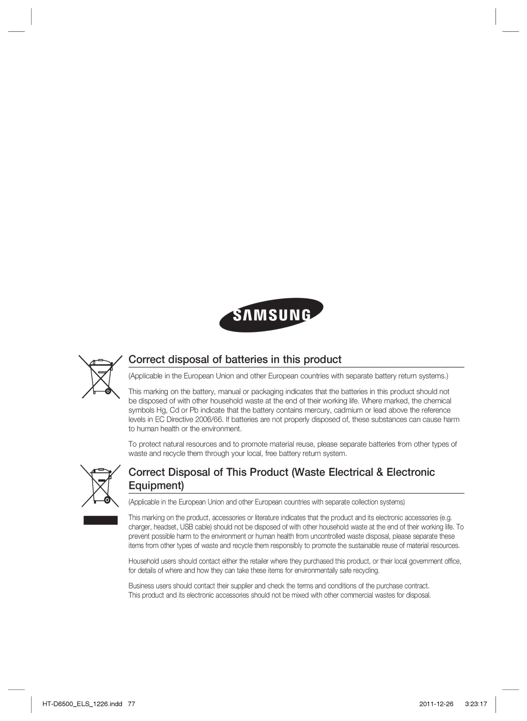 Samsung HT-D6500/XE, HT-D6500/XN, HT-D6500/EN manual Correct disposal of batteries in this product 