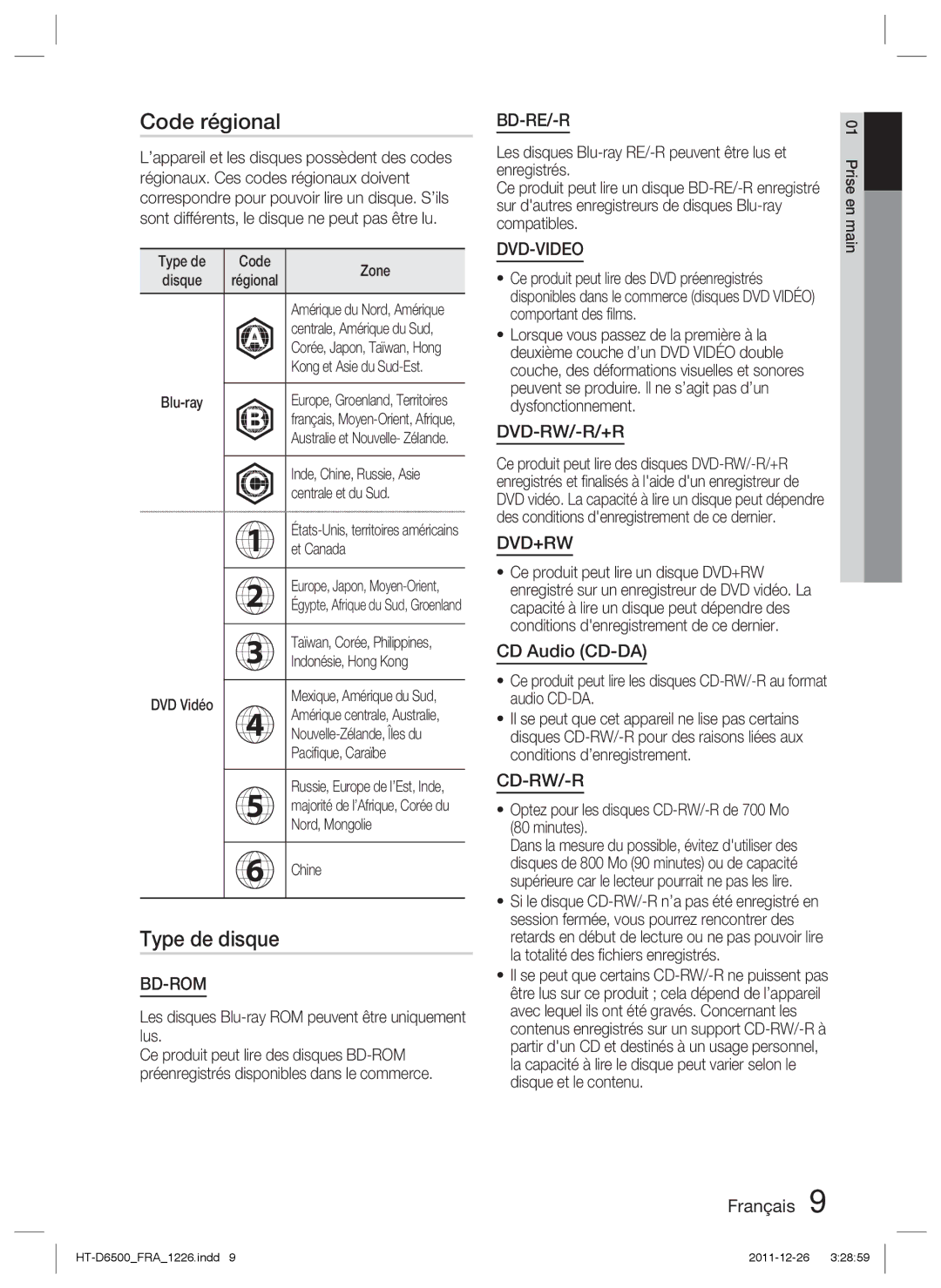 Samsung HT-D6500/XE, HT-D6500/XN, HT-D6500/EN manual Code régional, Type de disque, CD Audio CD-DA 