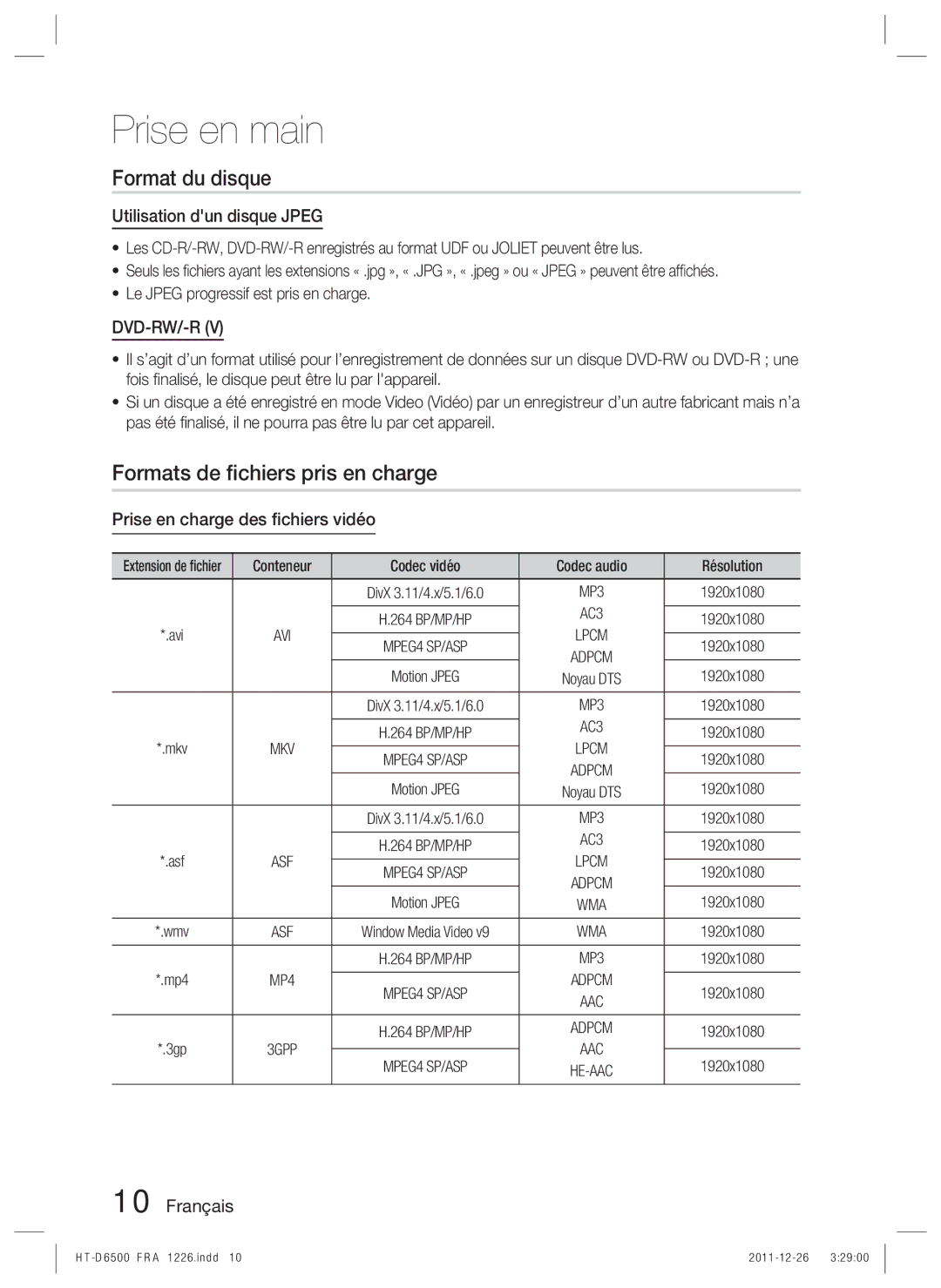 Samsung HT-D6500/XN, HT-D6500/EN manual Format du disque, Formats de ﬁchiers pris en charge, Utilisation dun disque Jpeg 