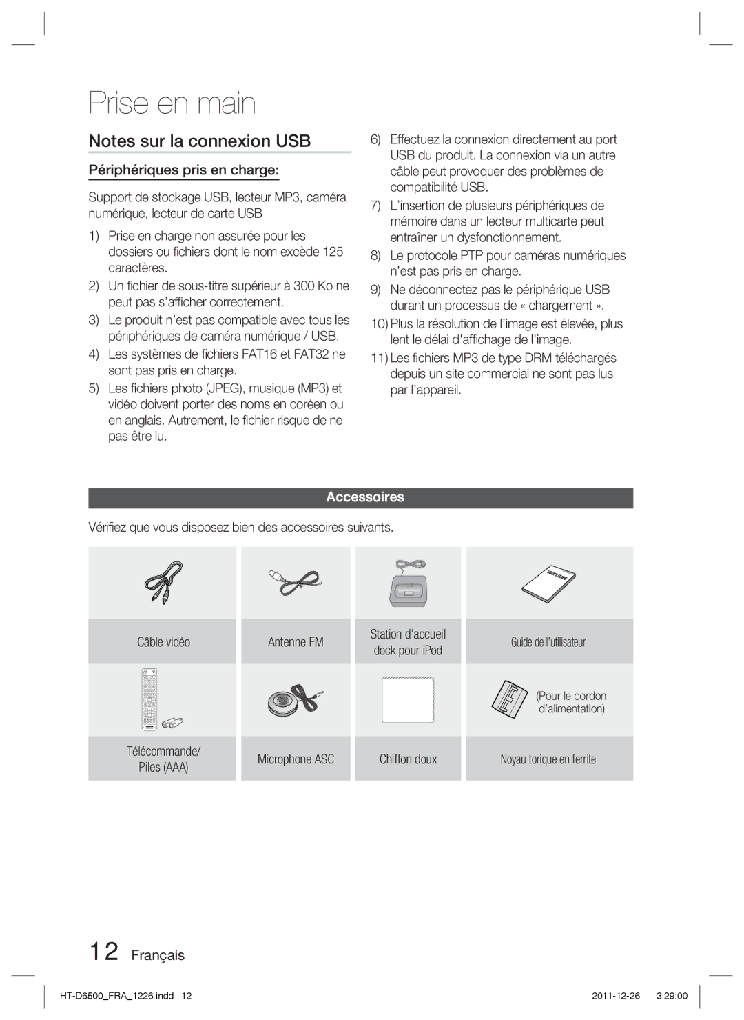 Samsung HT-D6500/XE, HT-D6500/XN manual Périphériques pris en charge, Accessoires, Microphone ASC, Guide de l’utilisateur 