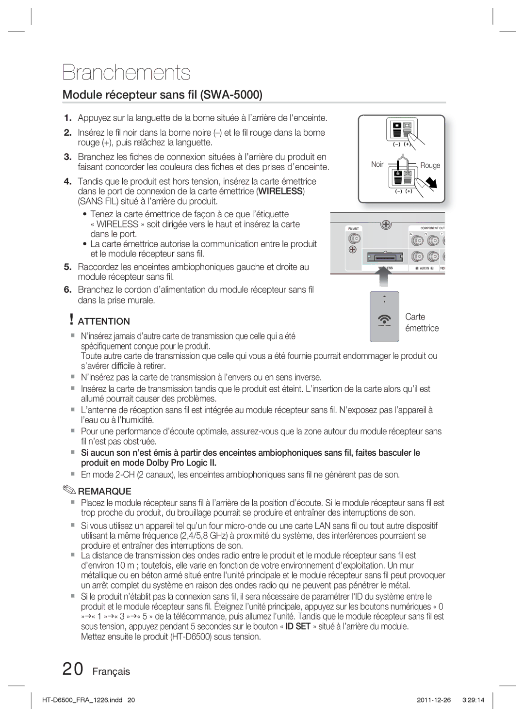 Samsung HT-D6500/EN, HT-D6500/XN Module récepteur sans ﬁl SWA-5000, Mettez ensuite le produit HT-D6500 sous tension, Rouge 